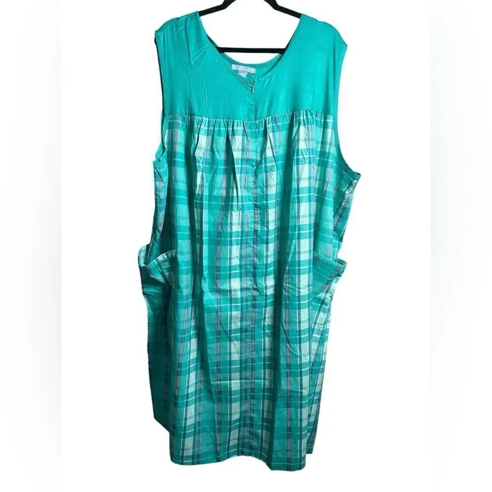 NWOT Dreams & Co Plus Size Teal Plaid Full Zip Lounge Dress Mumu - Size 26